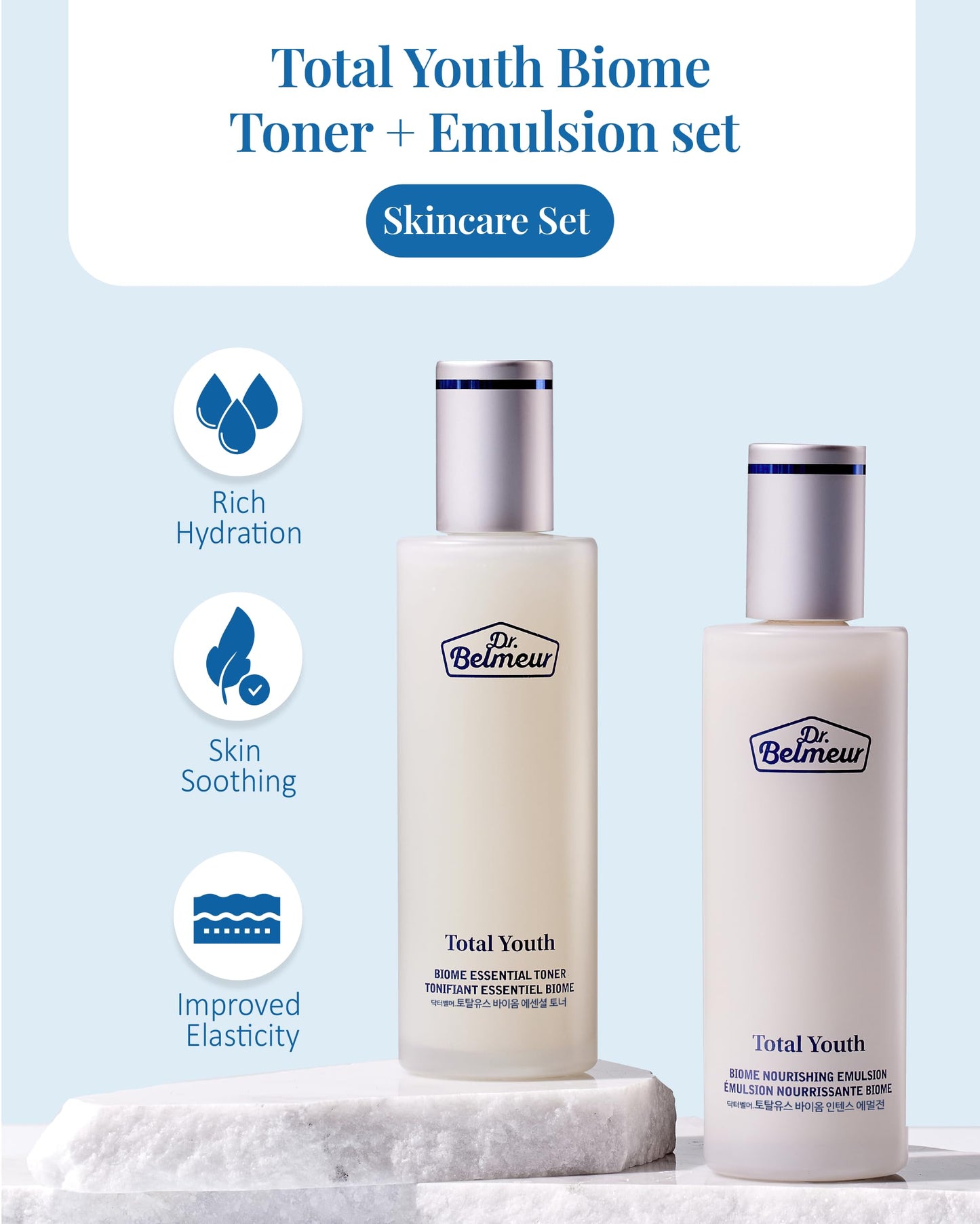Dr. Belmeur Total Youth Biome (Skincare Set, 12.2fl oz) - Premium Total Age-Defying Toner + Emulsion Set for Wrinkles, Elasticity, Hydration & Skin Tone. Korean Skin Care by LG Beauty. Collagen,