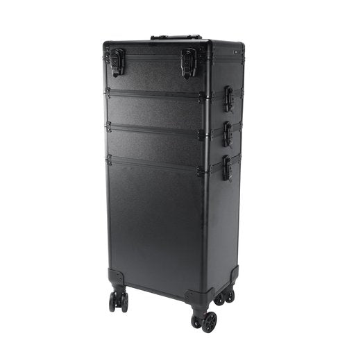 4 in 1 Rolling Makeup Train Case with Light & Mirror, Interchangeable Cosmetic Box, Cosmetology Caboodle Case on 360° Wheels, Beauty Storage Luggage(Black)
