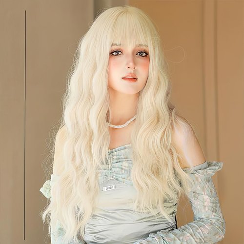 BESSY HAIR 613 Blonde Wig with Bangs Long Wavy Wigs for Women Natural Looking Heat Resistant Blonde Synthetic Wig Daily Party Cosplay Use