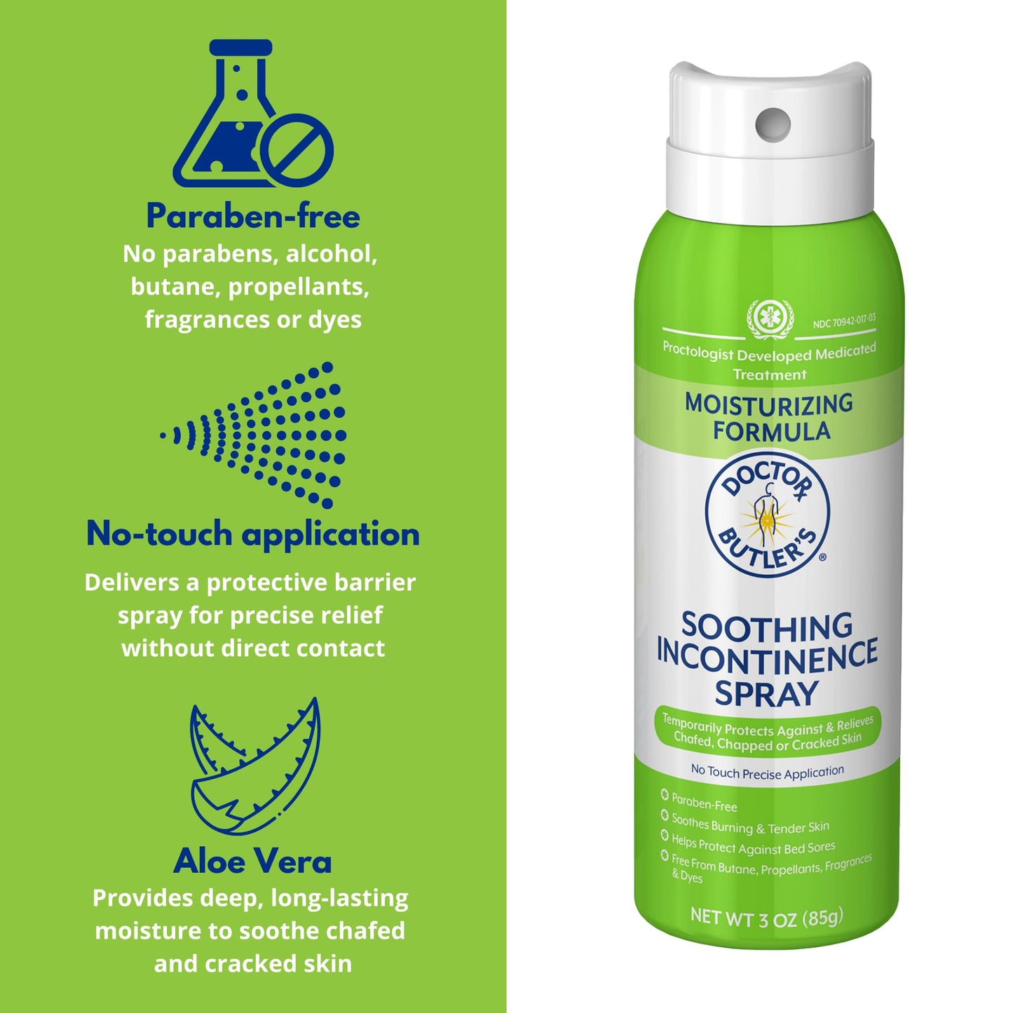 Doctor Butler’s Soothing Incontinence Spray - Barrier Spray for Incontinence with Touchless Application to Help Protect Sensitive Irritated Skin Caused by Adult Incontinence (3 oz)