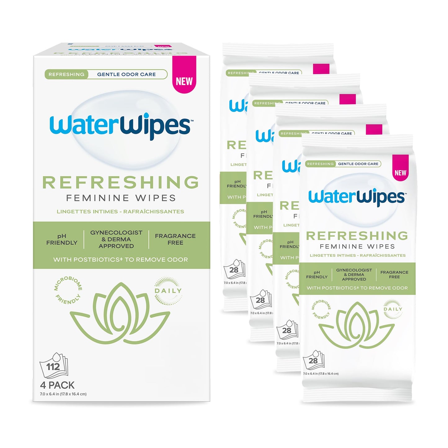 WaterWipes Refreshing Feminine Wipes, Stay Fresh On-The-Go, pH Friendly for Daily Intimate Care, Odor Removal, Gynecologist Approved, Fragrance Free, 112 Count (4 Packs)
