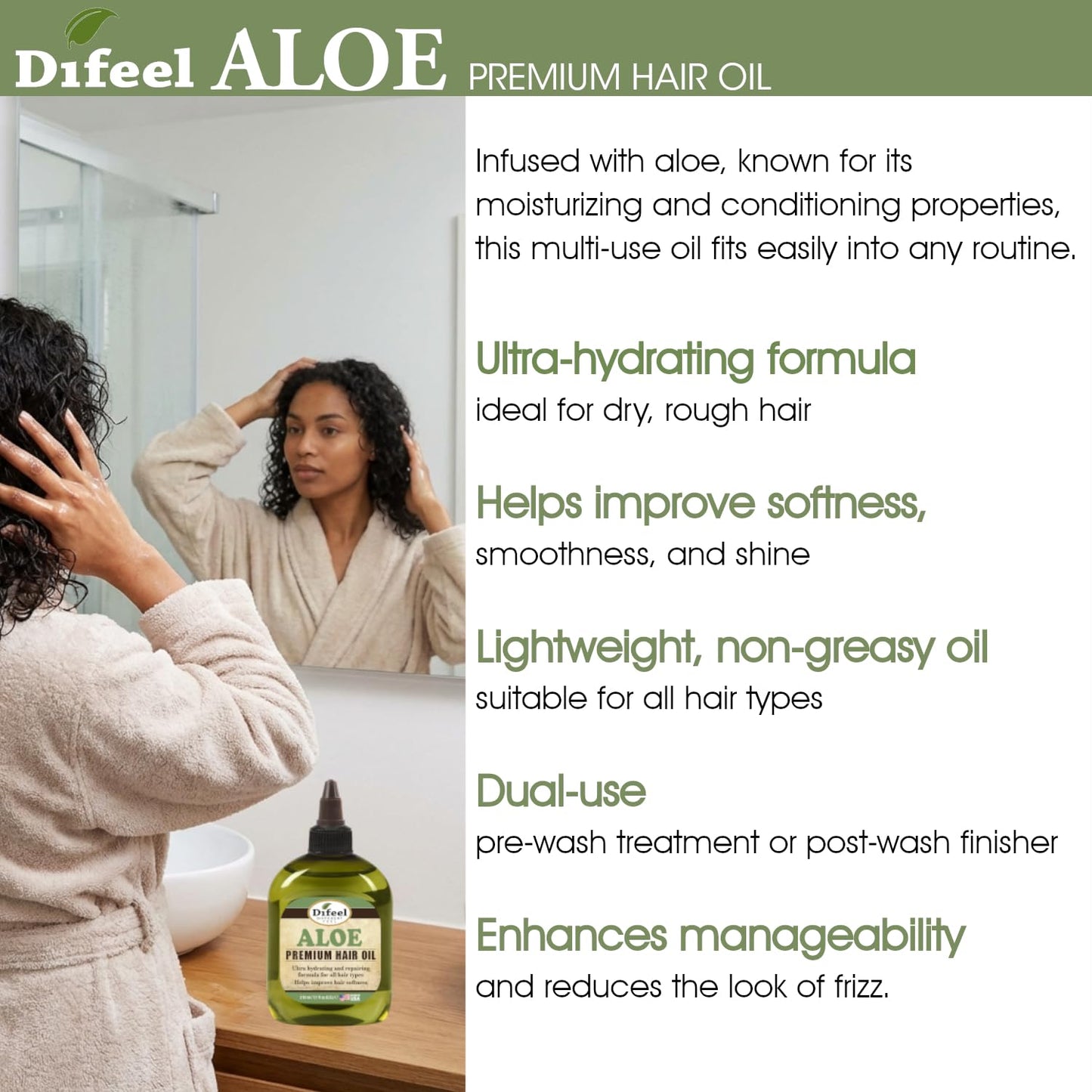 Difeel Aloe Premium Hair Oil 7.1 Ounces - Ultra Hydrating Aloe Vera Hair Oil for Natural Hair, Ideal for All Hair Types, Improves Softness, Smoothness & Shine