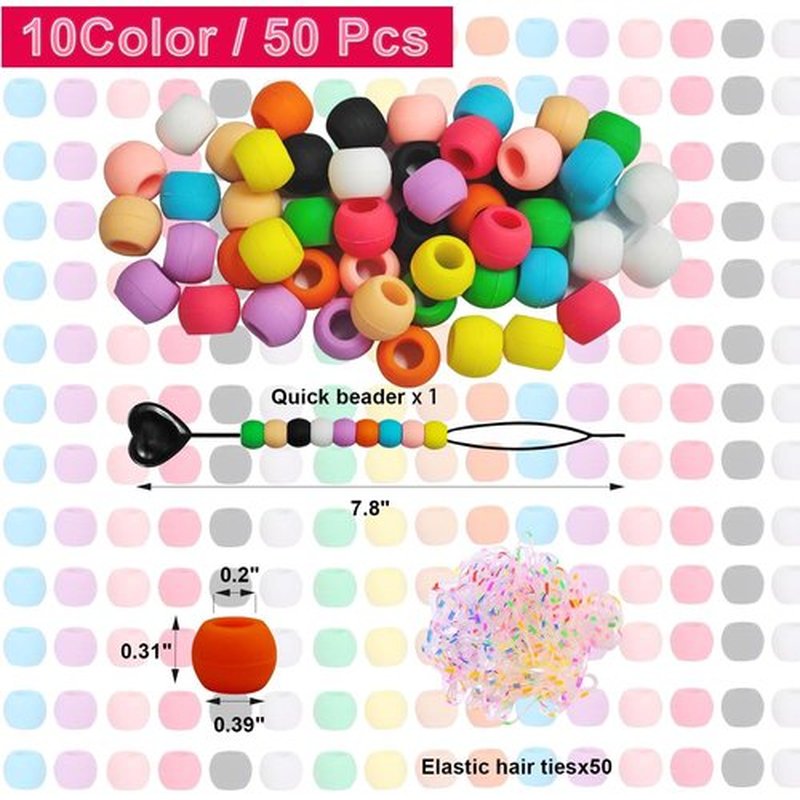 GENLEAS 50Pcs Silicone Hair Beads for Kids Girls Braids, 10 Color Silicone Beads for Hair, Colorful Rubber Pony Beads Kit