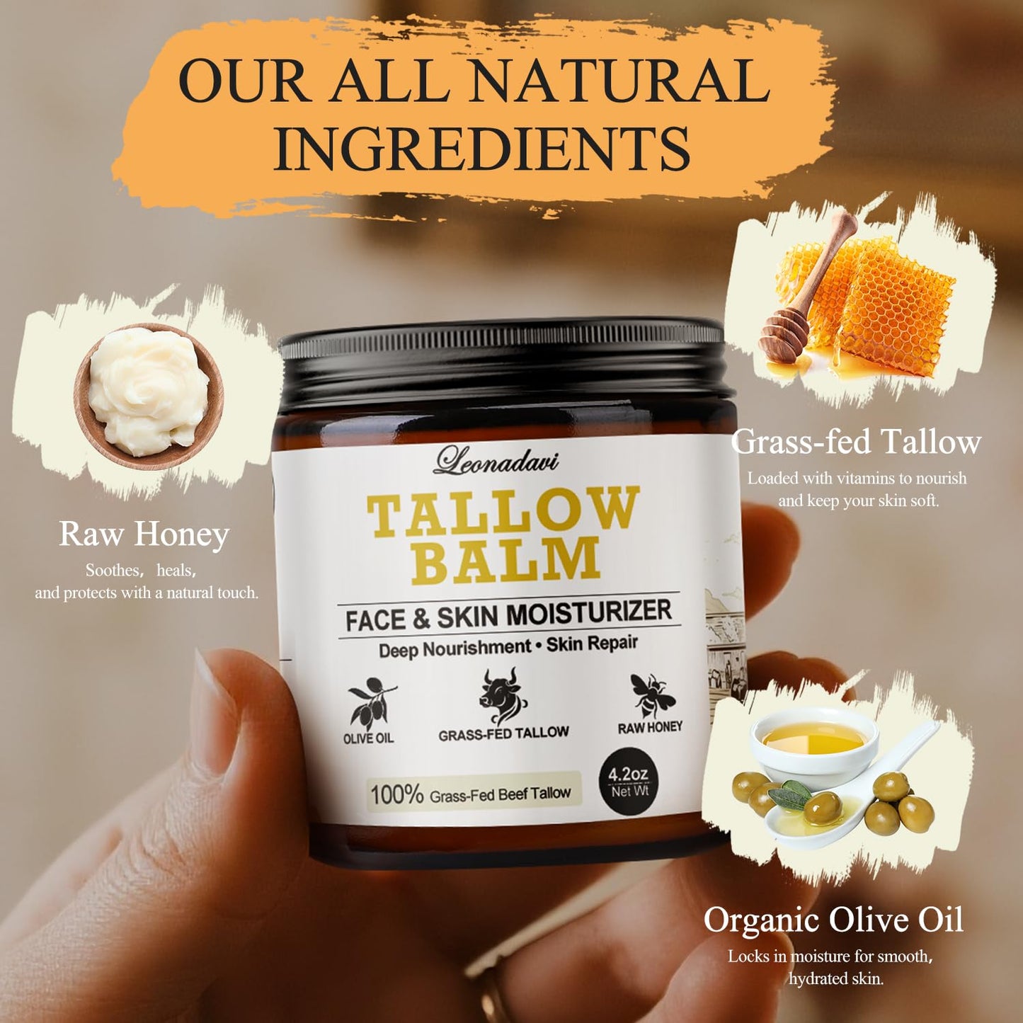 Leonadavi Whipped Beef Tallow for Skin – 4.2 oz Natural Moisturizer with Grass Fed Tallow, Honey & Olive Oil – Handmade Balm for Face & Body, Dry Sensitive Skin, Eczema, Rosacea – Natural Honey Aroma