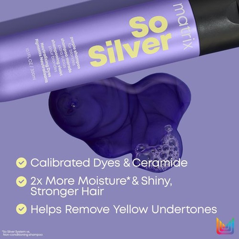 Matrix So Silver Purple Shampoo | Neutralizes Yellow Tones | Color Depositing, Brightening & Toning | For Color Treated, Blonde, Grey, White and Platinum Hair | 10.1 Fl. Oz. | Vegan