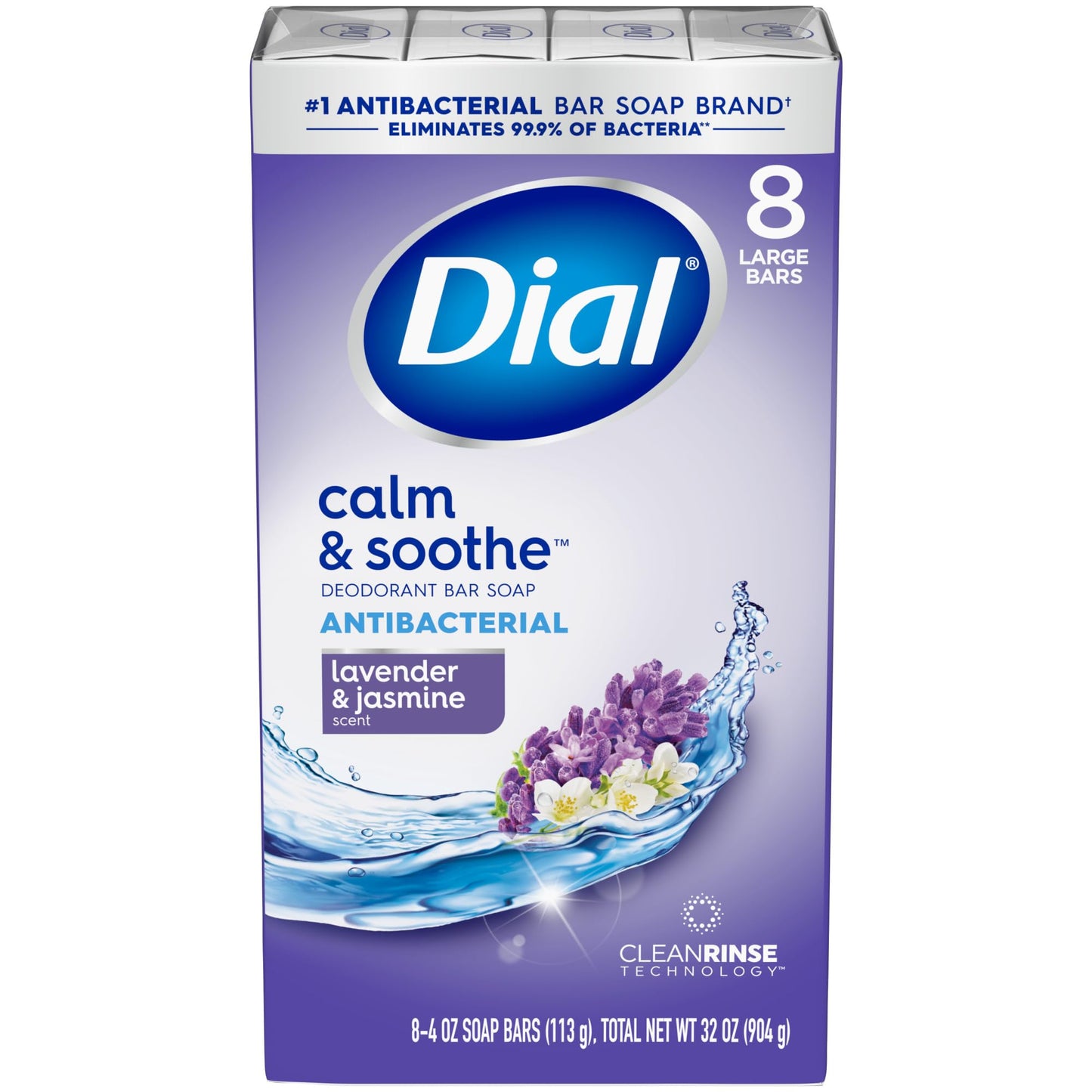 Dial Antibacterial Deodorant Bar Soap, Calm & Soothe Lavender & Twilight Jasmine Scent, 4 Oz, 32 Bars, Dermatologist Tested, With Clean Rinse Technology