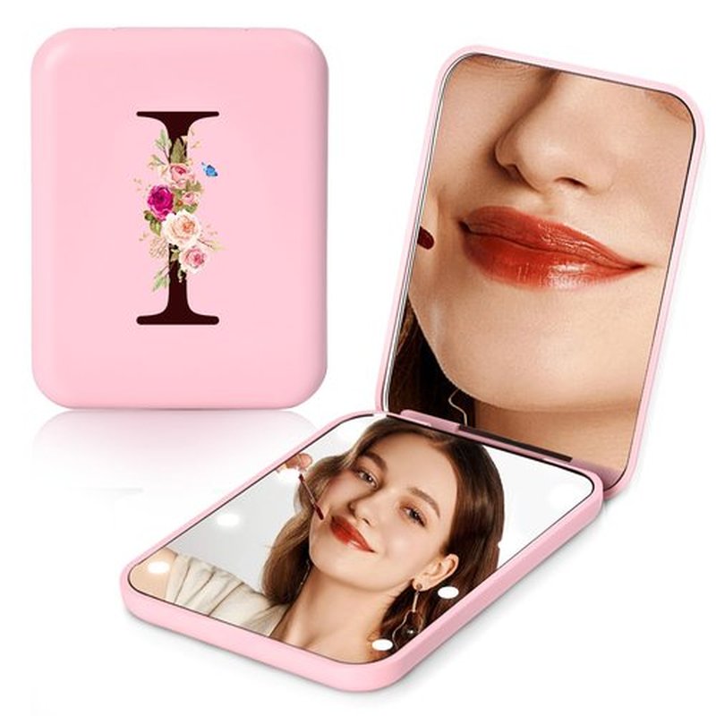 KEWWADB Travel Mirror with Lights, Initials Portable Compact Mirror, Travel Essentials, Suitable for Teen Girls, Young Women Gifts Ideas, Birthdays Gifts(Pink) (I)