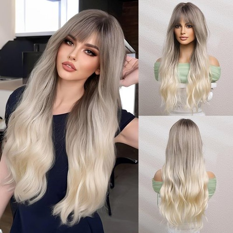 OMELPIS Ash Blonde Wig for Women Long Ombre Gray to Platinum Wavy Curly Synthetic Wigs with Bangs Natural Brown Roots Heat Resistant Fiber Ideal for Daily Wear Parties and Holidays 26In