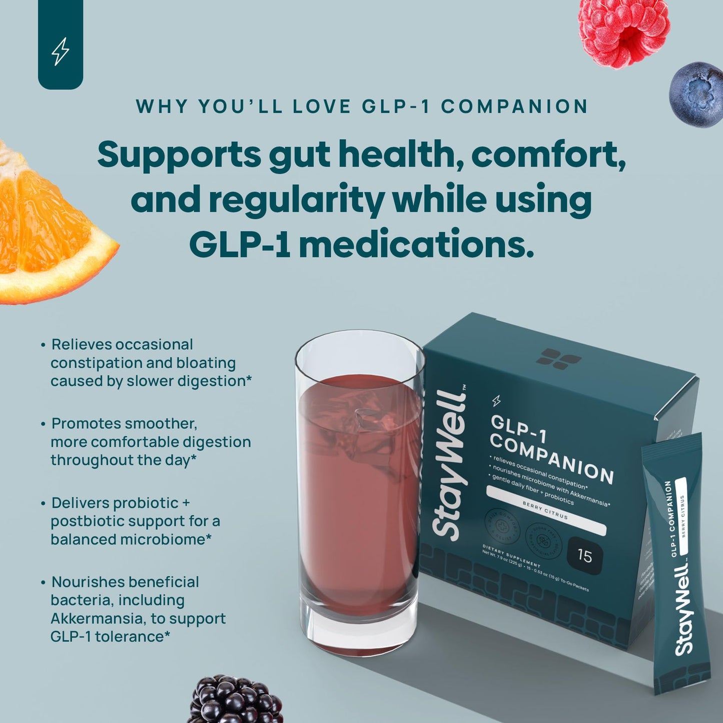 StayWell GLP-1 Support Companion | Daily Fiber, Probiotics & Botanical Supplement | Digestive Wellness Drink Mix | Raspberry Lemonade | 15 Stick Packs