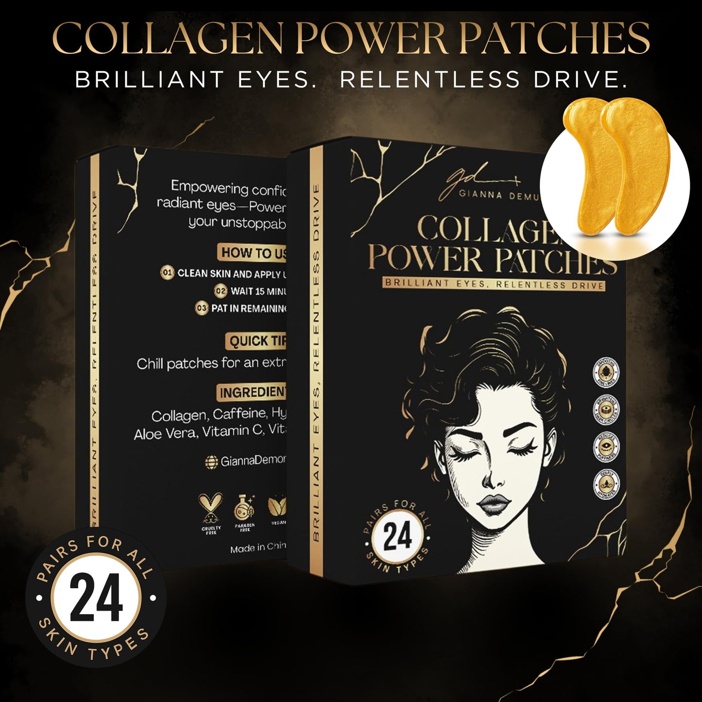 Gianna Demure Undereye Mask Patches for Dark Circles, Puffiness & Wrinkles, Gold Eye Mask with Collagen, Caffeine & Hyaluronic Acid, Vegan & Cruelty-Free Eye Patches for Women and Men (24 Pairs)