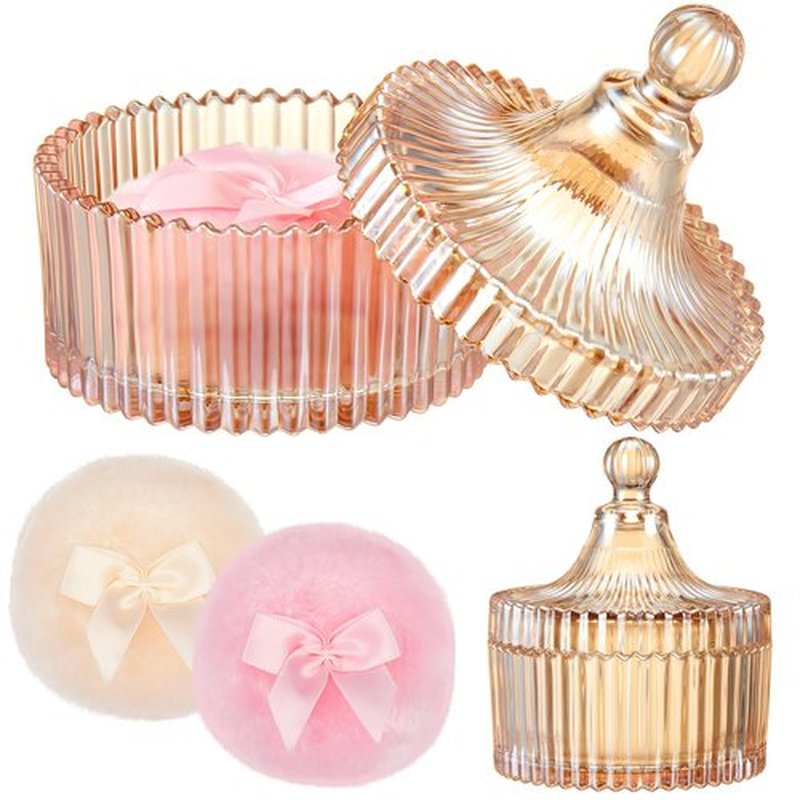 Tioncy 3 Pcs Large Body Powder Puff and Container Powder Container with Puff Powder Puff Crystal Container Soft Washable Reusable Velour Face Body Glitter Powder Puff Wet Dry Makeup(Amber,Simple)