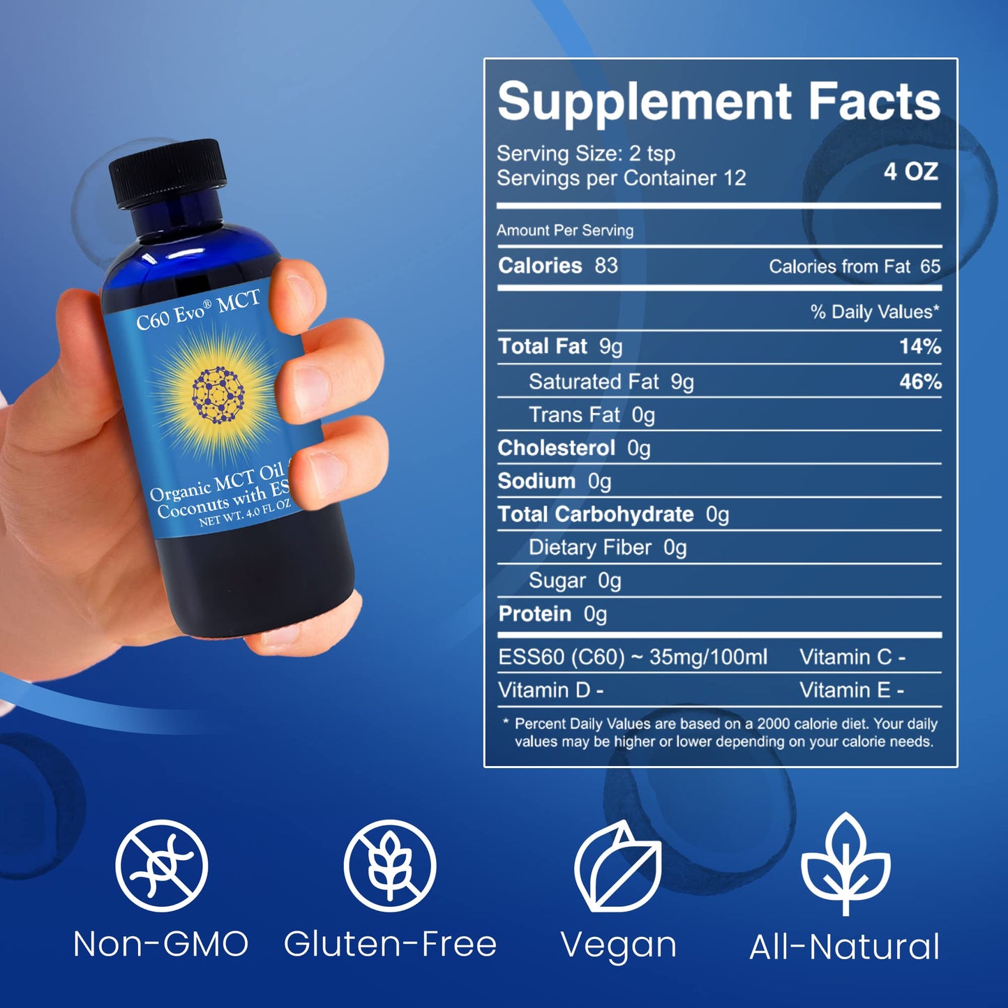 C60 Evo MCT Oil from Coconuts with C60 ESS60, Immune Support, Sleep Aid Rich in Antioxidants, Flexibility and Joint Support Supplement, Promotes MCT Wellness for Energy Boost (4 oz)