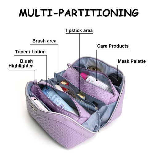Travel Makeup Bags Cosmetic Organizer Bag: Large Capacity Make up Bag Set of 3 - Vegan Leather Toiletry Bag for Women - Portable Makeup Organizer with Compartments & Handle & Divider (02 Purple)