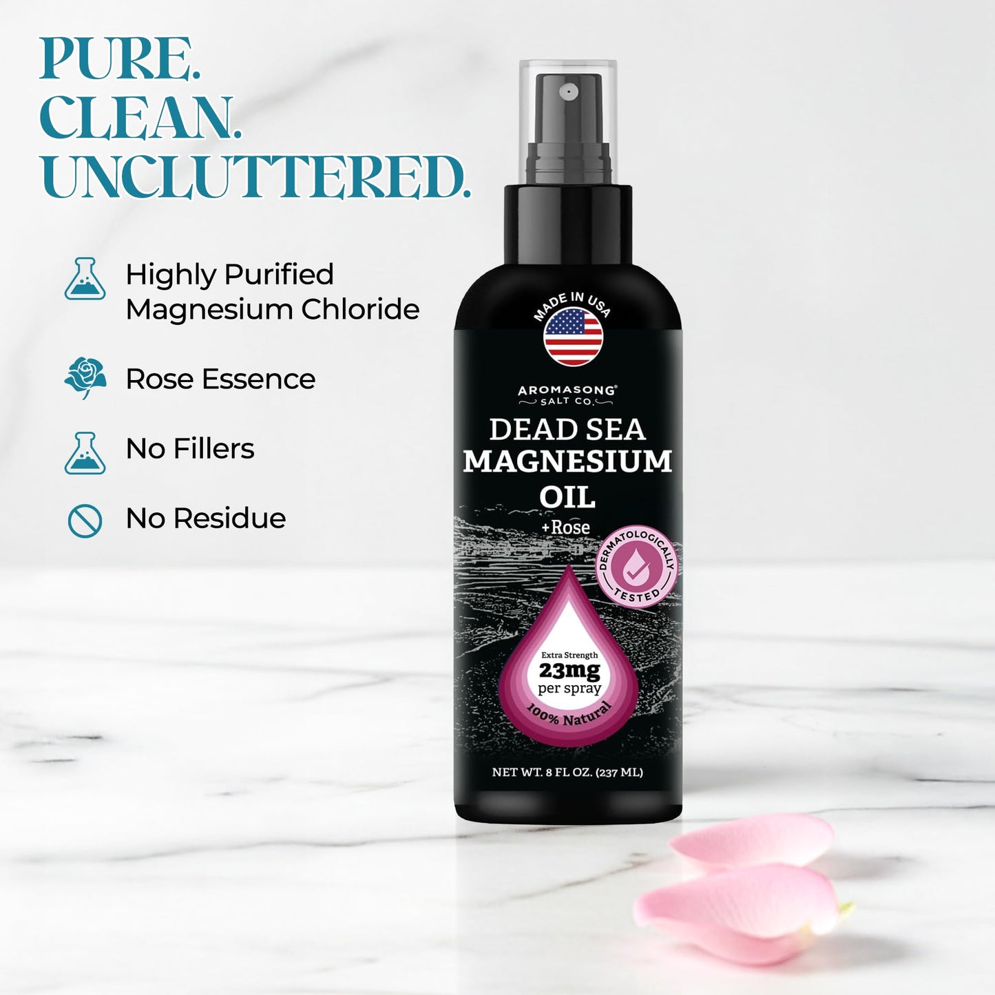 Aromasong Pure Magnesium Oil Spray Rose Scent, Topical Magnesium for Feet & Legs, Extra Strength Magnesium Oil (23mg in Each Spritz), Made in USA, Clean & Natural Formula, 8 oz