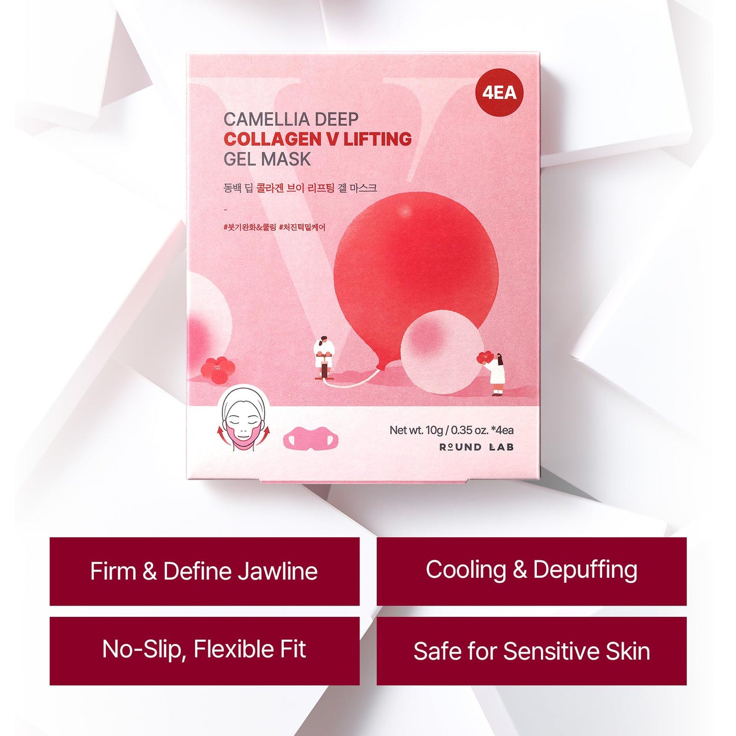 ROUND LAB Camellia Deep Collagen V Lifting Gel Mask 4ea | Double-chin Turkey Neck Instant Face Lifting Mask, Cooling and Depuffing Face Toning Belt, Firming Sagging Skin, Korean Skin Care, 10g/0.35oz