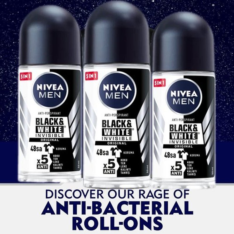Nivea 48h Deodorant Roll-on Roll on Invisible for Black&white Anti Perspirant 50ml (Original Pack of 3) 1.7 Fl Oz