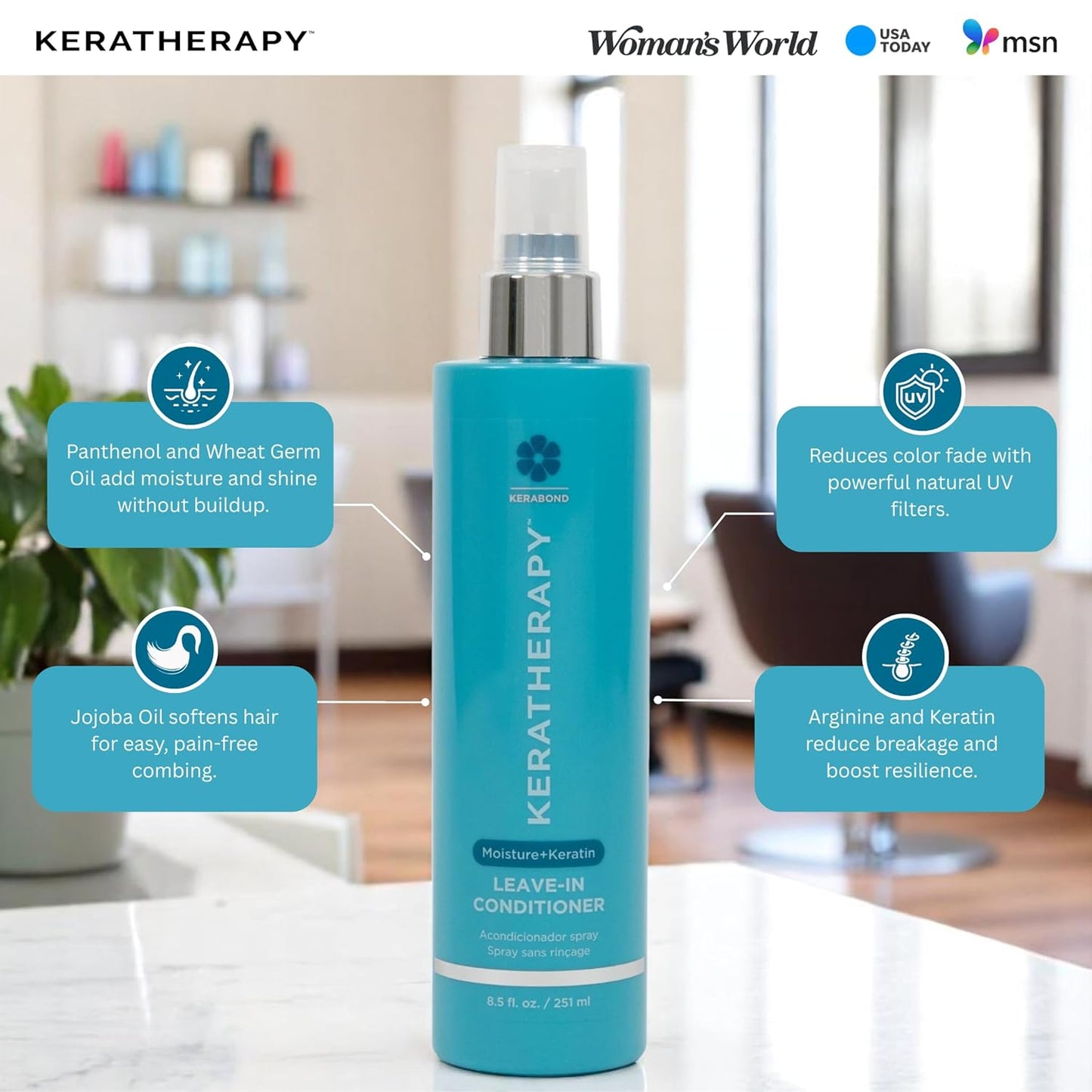 Keratherapy Keratin Infused Moisture Leave In Conditioner Spray, 8.5 fl. oz., 251 ml - Hydrating Leave in Conditioner Spray with Jojoba Oil, Panthenol, Arginine Amino Acid & Wheat Oil for Damaged Hair