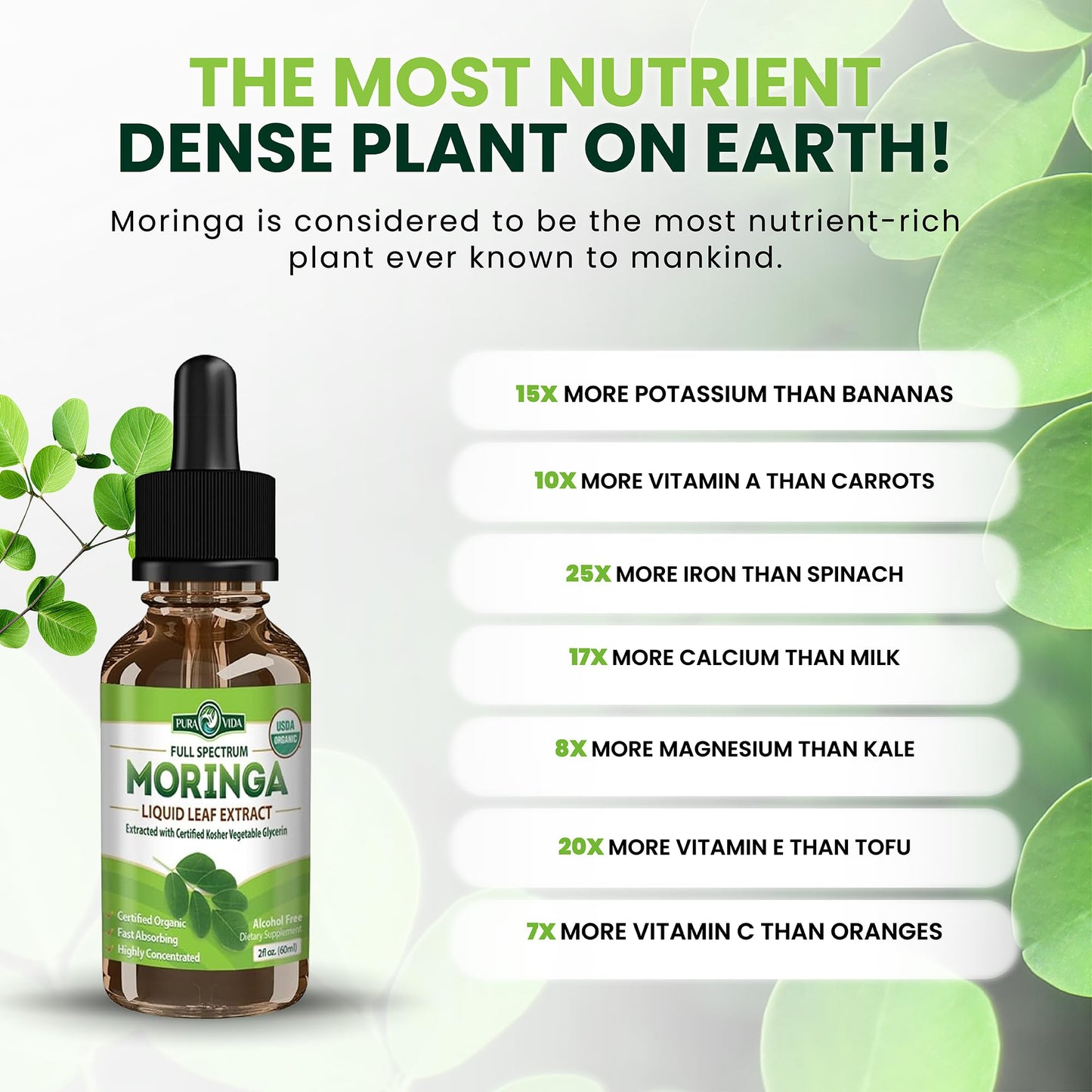 PURA VIDA MORINGA Leaf Extract Liquid Drops - USDA Organic Certified - Highly Purified, Bioavailable & Faster Absorption than Moringa Powder or Capsules - Single Origin Moringa Oleifera Leaves Extract