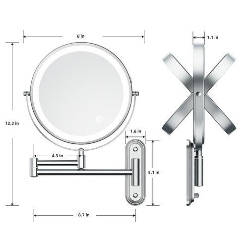 Rocollos Two-Fingers-Width Narrow Base Rechargeable Wall Mounted Lighted Makeup Mirror,3 Color Lights Dimmable Touch Screen,8 Inch LED Double Sided 1X/10X Mirror (Polishing Chrome)