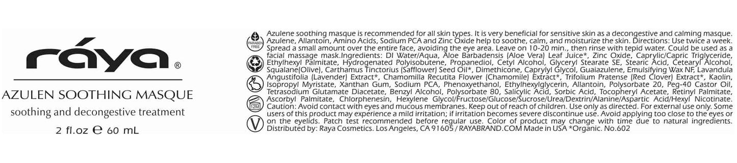 Raya Azulen Soothing Masque (602) | Calming Facial Treatment Mask for Sensitive Skin | Tones and Refines Complexion | Made with Azulene and Aloe Vera