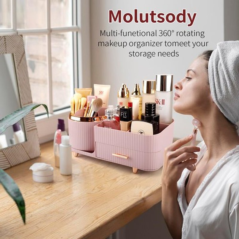 Molutsody Makeup Organizer for Vanity, Cosmetic Display Case with Drawers, Fits Makeup, Skincare Products, Brushes, Lipsticks, and Other Accessories, Versatile Storage Solution (Pink)