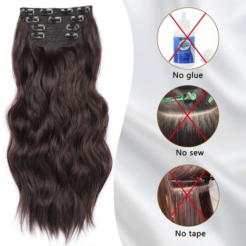 4pc Dark Brown Hair Extensions Clip in Synthetic Long Wavy Thick Hairpieces for women Double Weft Natural Hair Extensions (20INCH, 6A)
