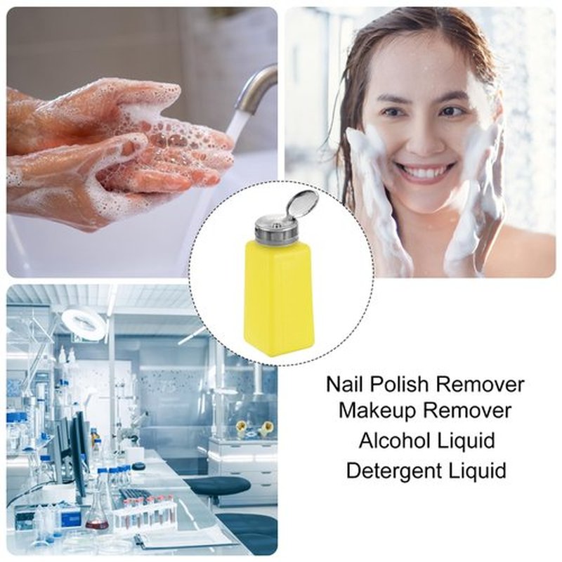HARFINGTON 2pcs Solvent Alcohol Dispenser 250ml(8.8oz) Nail Polish Remover Push Down Liquid Dispenser Pump Bottle with Stainless Steel Press Head for Acetone Cleanser Polish Remover, Yellow