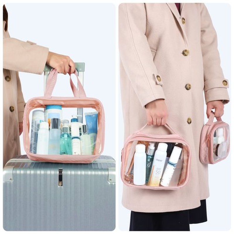 PACKISM Clear Toiletry Bags, 3 Pack Clear Makeup Bags with Handle Large Opening, Waterproof Clear Cosmetic Bags Fit Carry-on Travel Essentials, Travel Accessories Clear Travel Bags, Pink