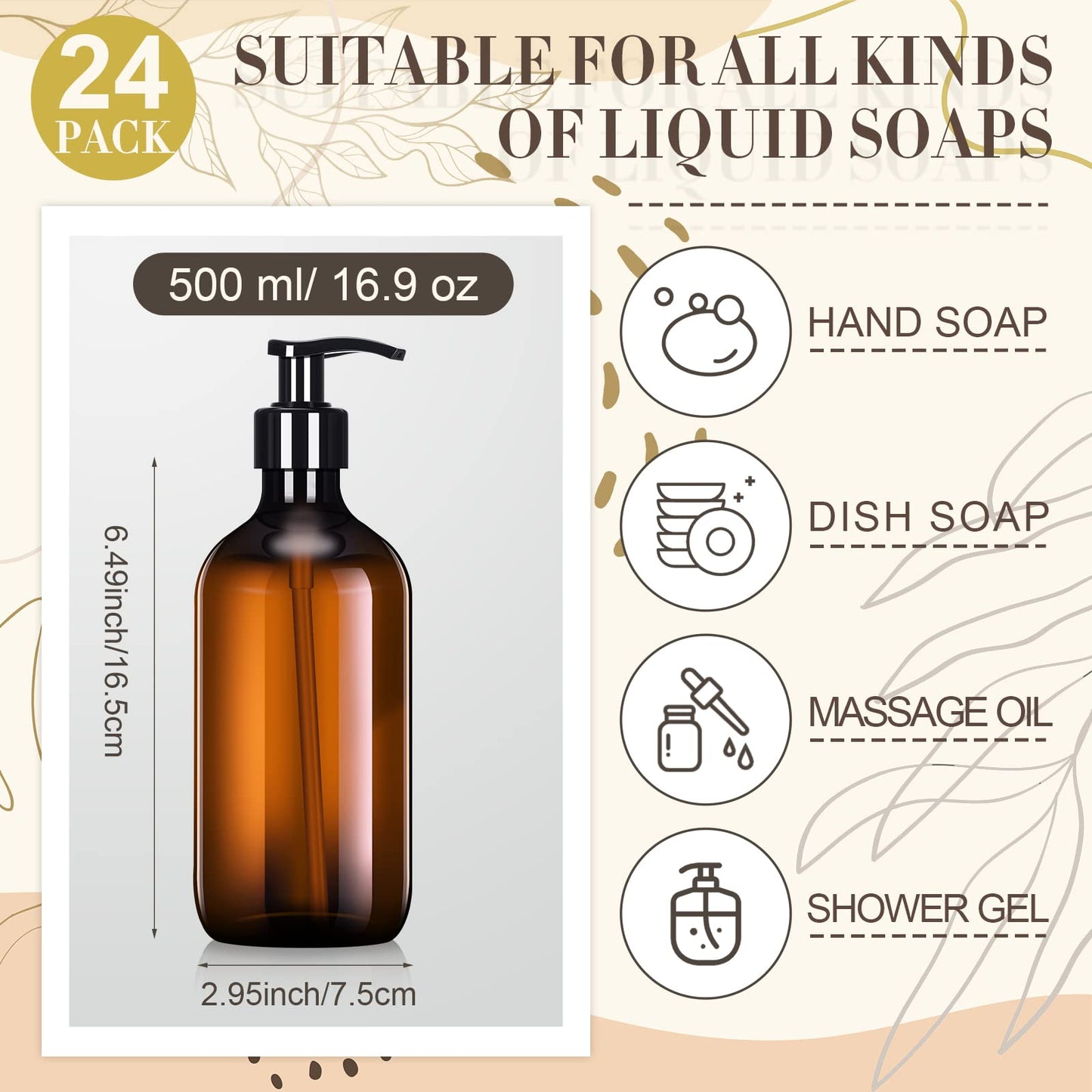 Tessco for you 24 Pcs Amber Soap Dispenser 17 oz Empty Plastic Pump Bottles Refillable Shampoo Container for Hand Sanitizer Soap Lotion Body Wash Conditioner Bathroom Travel