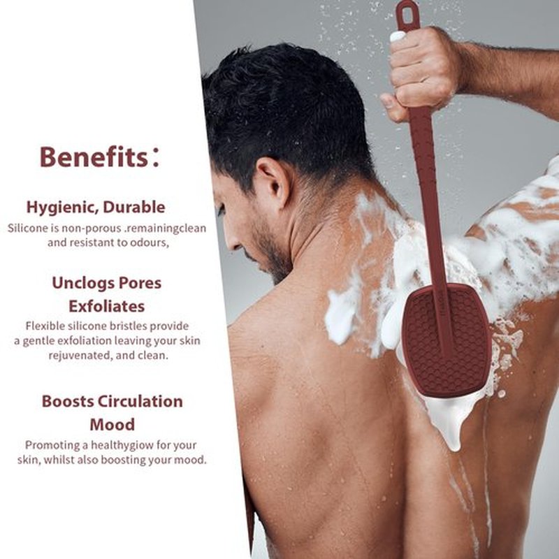 iTokGoK® All New Premium Silicone Back Scrubber with Tire Anti-Slip Long Handle for Shower, Gentle Exfoliating and Massage Brush Scrubber for Sensitive Skin for Men and Women (Burgundy)