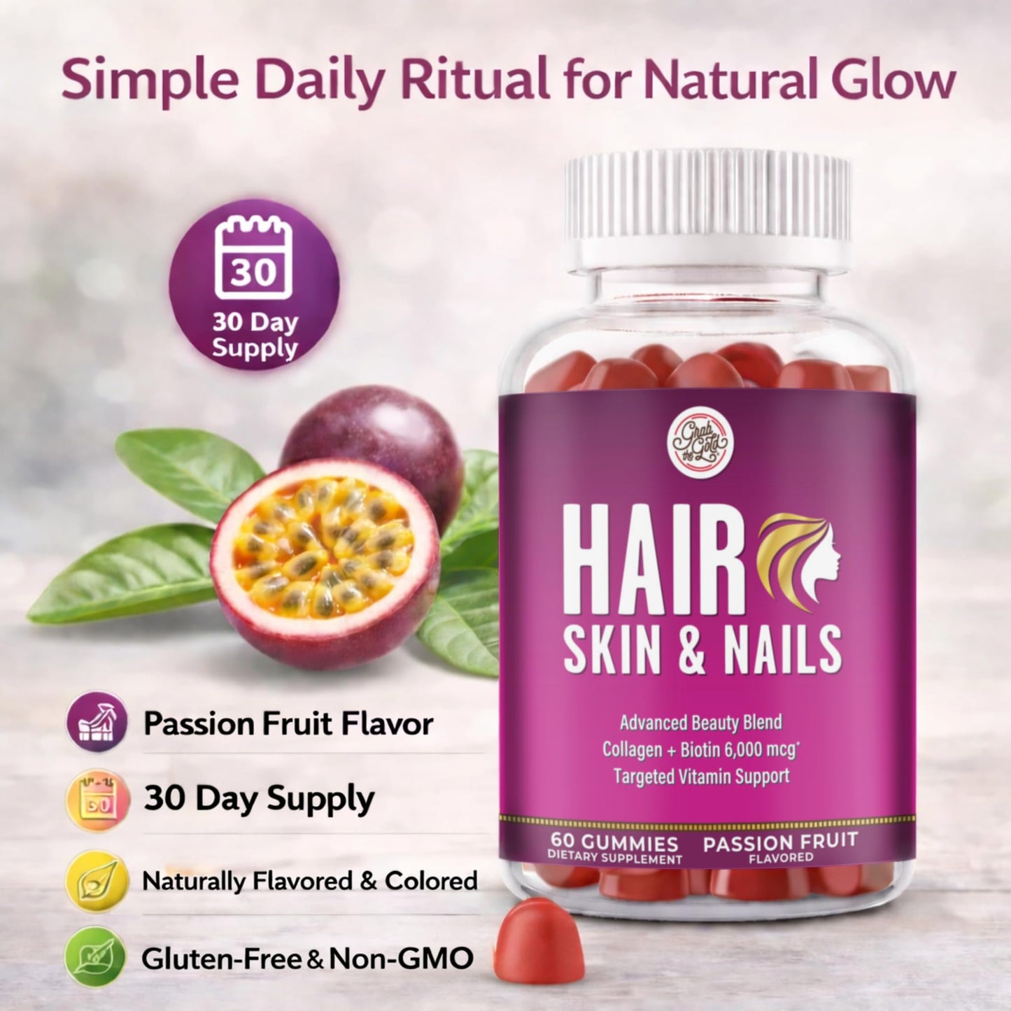 Grab The Gold Hair Skin & Nails Vitamins for Women | Gummies with 6000mcg Biotin & Collagen | 10 Essential Vitamin & Minerals | Gluten-Free, Non-GMO, Passion Fruit Flavor | 1 Month Supply, Made in USA