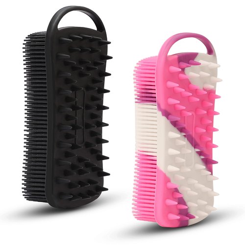 2 PC Silicone Exfoliating Body Scrubber, 2 in 1 Silicone Body Shampoo Brush, Soft Silicone Loofah for Sensitive Skin, Shower Silicone Hair Scalp Massager, Easy to Clean, Lather Well (Black&Purple)