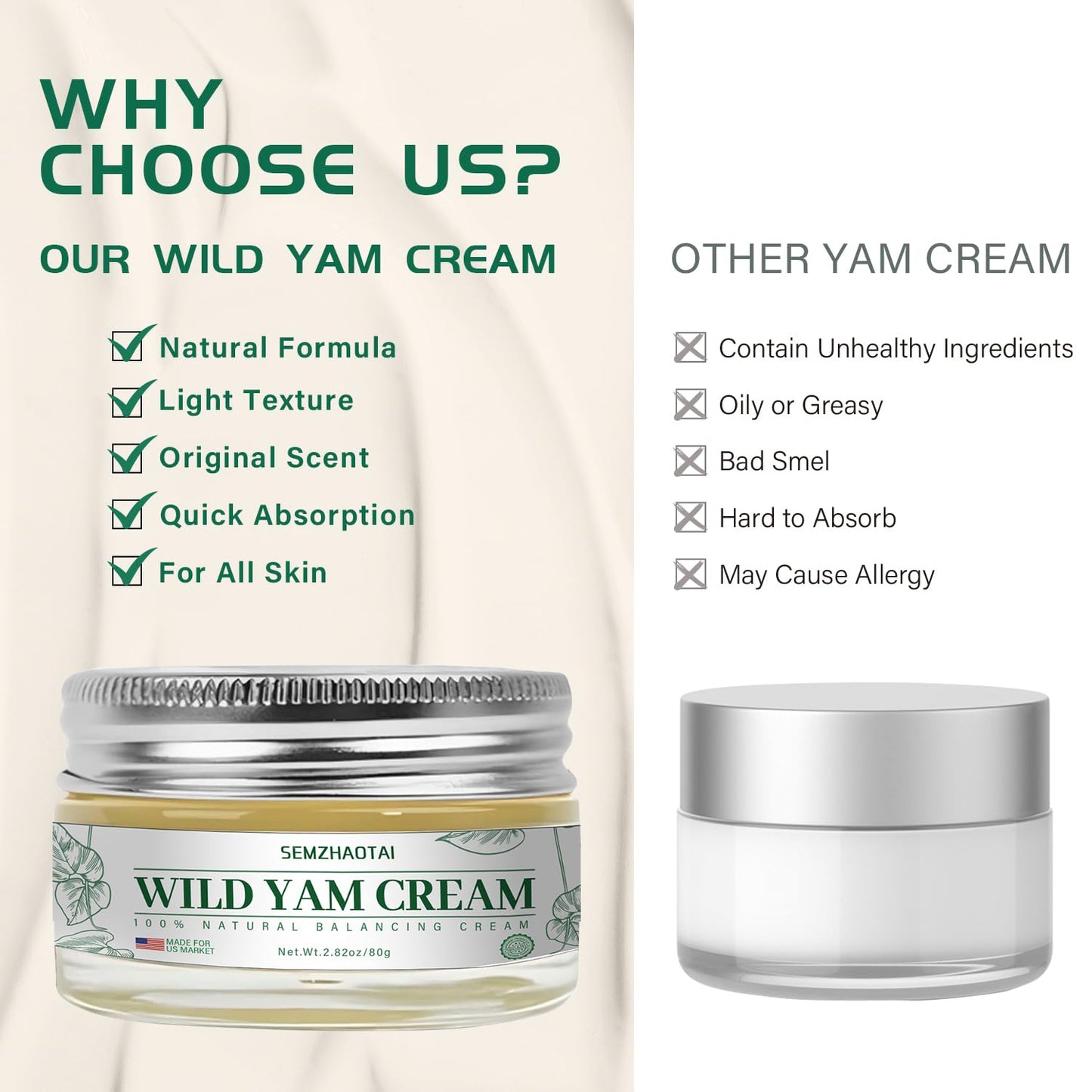 Organic Wild Yam Cream - Hormone Balance & Menopause Relief, Supports Hot Flashes & Night Sweats, 2.82 oz - Designed for the U.S. Market by SEMZHAOTAI