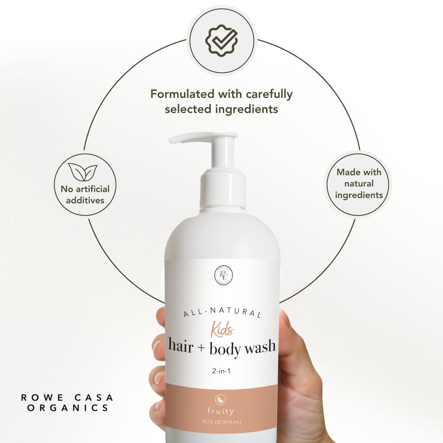 Rowe Casa Organics 2-in-1 Kids Hair & Body Wash with Therapeutic Essential Oils – Fruity Kids Shampoo & Body Wash with Sweet, Bright & Uplifting Scent – 16 Fl. Oz