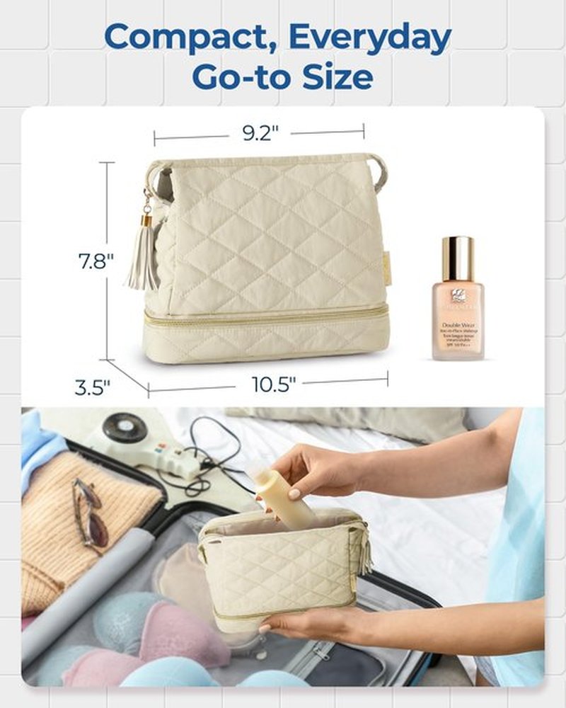 BAGSMART Makeup Bag Travel Cosmetic Bag,Puffy Make Up Bags for Women Double Layer Makeup Organizer Case,Wide-open Puffer Pouch for Purse Storage Travel Essentials Toiletries Accessories Brushes, Beige