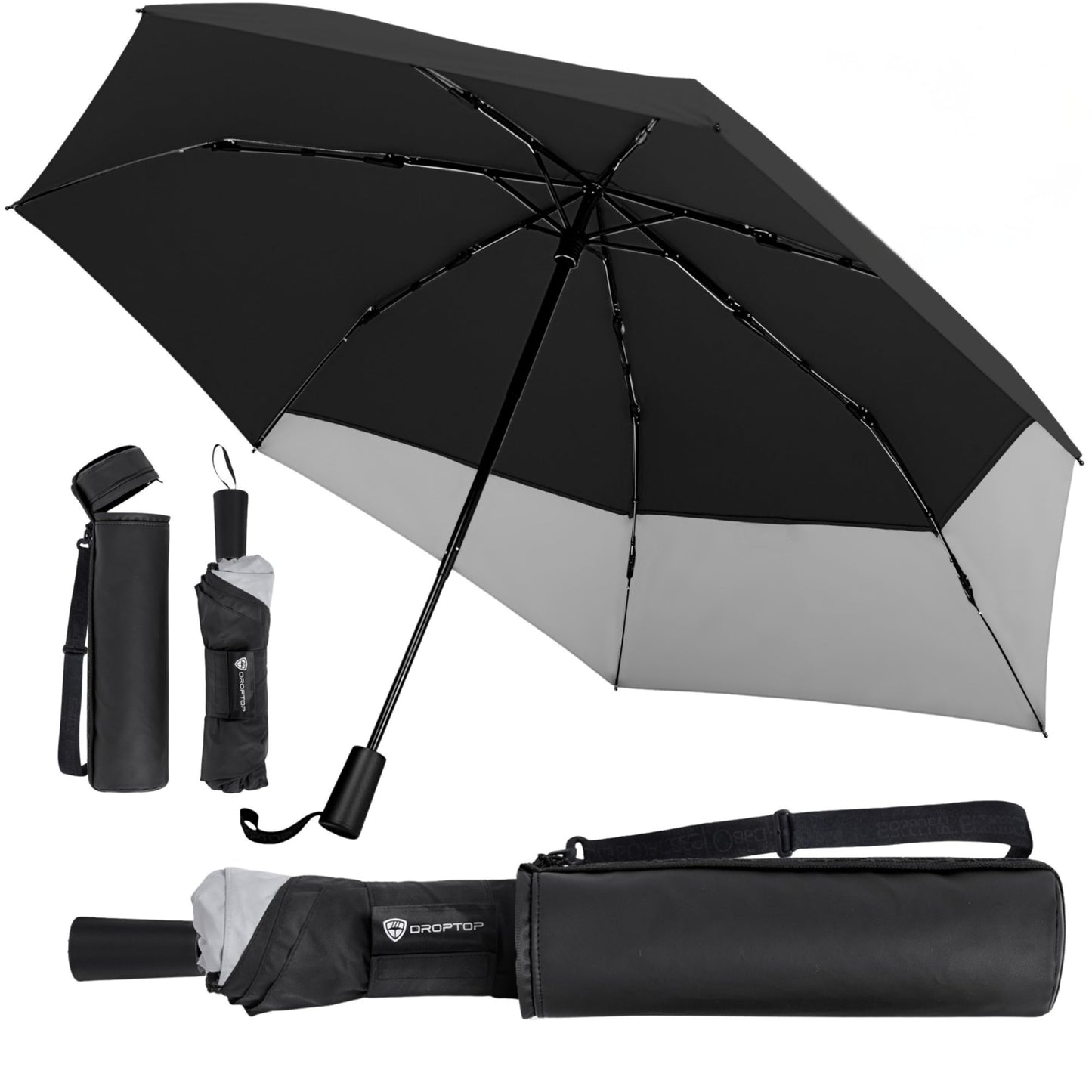 DROPTOP Umbrella Travel Size - Windproof Folding with Case and Strap, Black