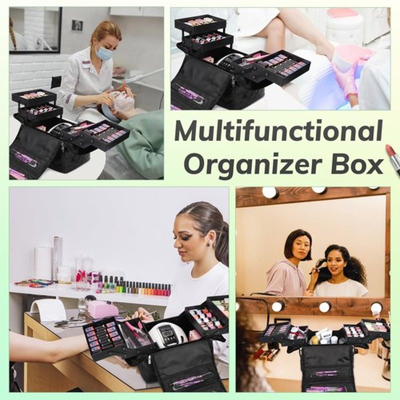 Travel Makeup Bag, 4 Trays Large Cosmetic Bag for Woman with Adjustable Dividers, Makeup Organizer Bag Waterproof, Travel Essentials Cosmetic Bag, Makeup Train Case for Nail Tech Black