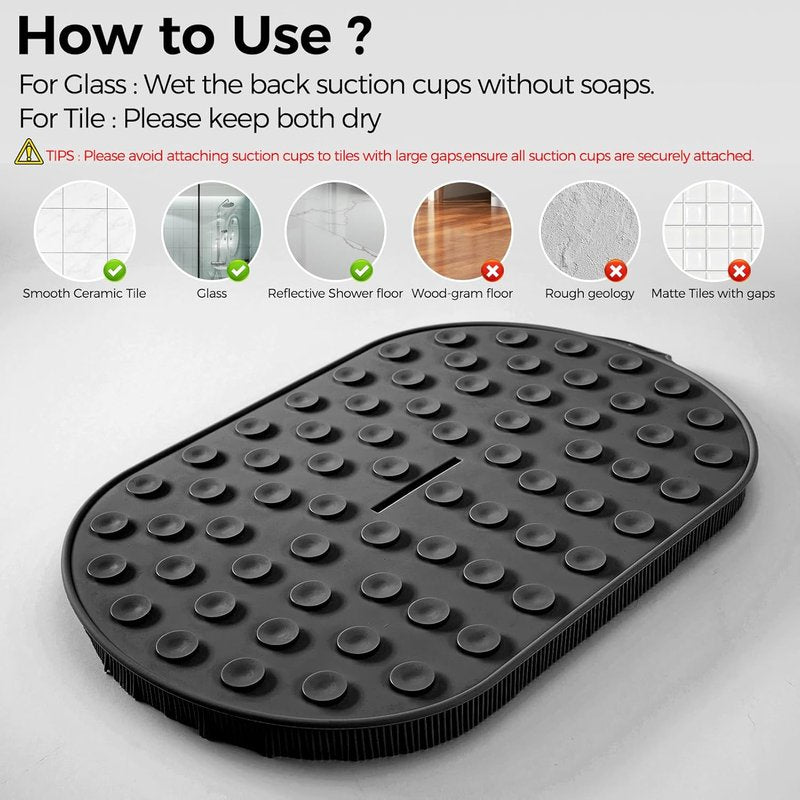 Wall Back Scrubber - Silicone Exfoliating Bath Mat with Non-Slip Suction Cups | 20.9"x13.8" Black