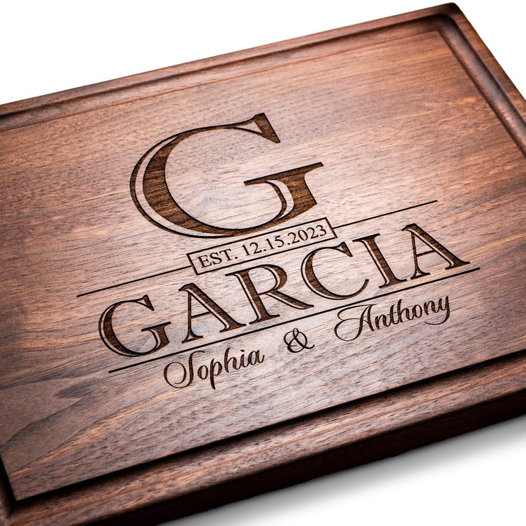 Personalized Cutting Board, Custom Wedding, Anniversary or Housewarming Gift Idea, Wood Engraved Charcuterie, for Couples, Family and Clients (Classic Initial 015)