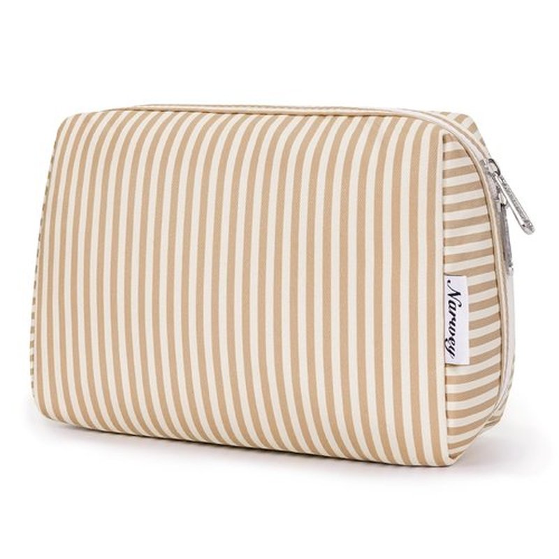 Narwey Striped Makeup Bag Travel Cosmetic Bag Organizer Toiletry Bag Make Up Bags with Compartments for Women (Large, Light Brown Stripe)