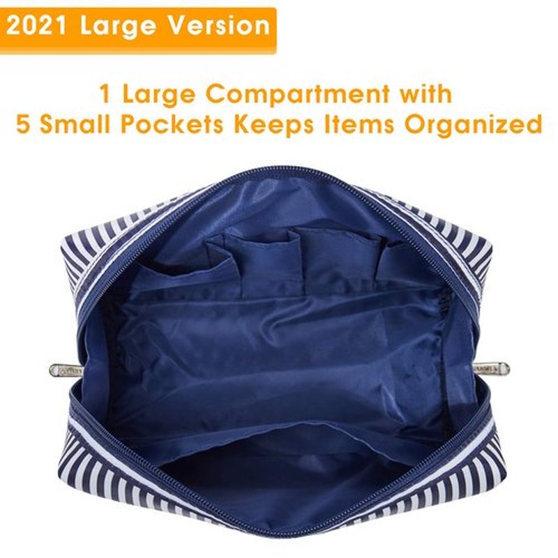 Large Makeup Bag Zipper Pouch Travel Cosmetic Organizer for Women (Large, Blue Stripe)