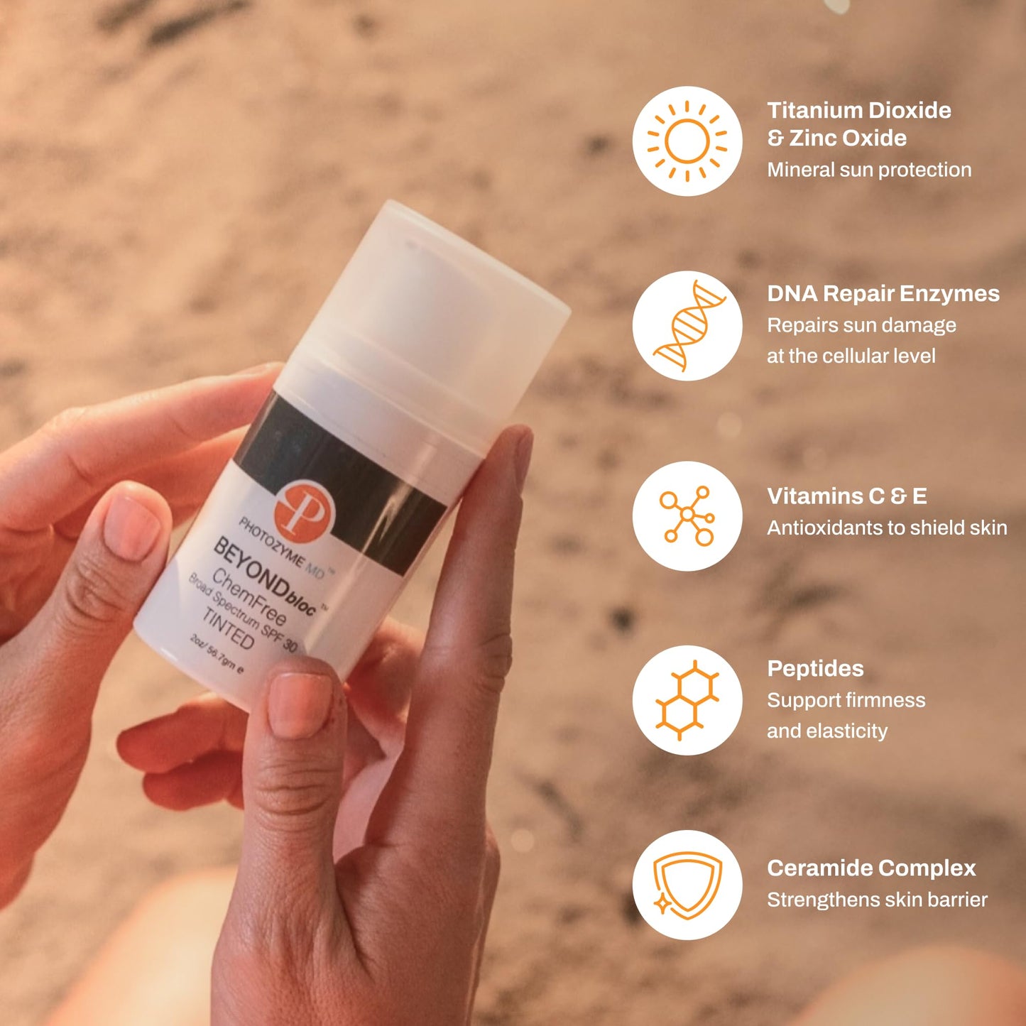 Photozyme BeyondBloc Chemfree Broad Spectrum SPF 30 Tinted - Light Coverage Sunscreen - Anti-Aging and Hydrating - for All Skin Types and Post Procedure Skin - with Titanium Dioxide 10.20%, Zinc Oxide