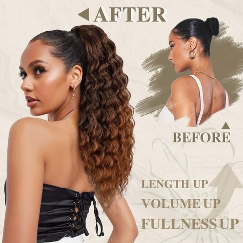 AISI BEAUTY Curly Ponytail Extension,Drawstring Ponytail Extension for Black Women Synthetic Curly Wavy 20 Inch Fake Clip in Ponytail Hair Extensions for Daily Use（T30
