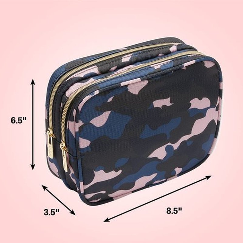 Conair Makeup Bag, Large Double Zip Toiletry and Cosmetic Bag, Perfect Size for Use At Home or Travel, Double Zip Organizer Shape in Blue, Pink and Black Camouflage