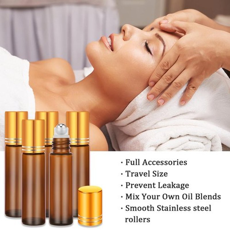 4 Pack, Essential Oil Roller Bottles, Amber Glass Roller Balls for Essential Oils, 10ml Empty Rollerball Bottles for Travel Refillable Roll on Perfume Bottles with Caps