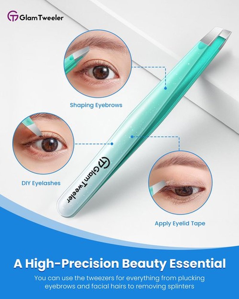 Expert Slant Tip Tweezers with Leather Case, GlamTweeler Sharp & Precision Stainless Steel Tweezer for Eyebrows, Facial Hair and Fine Hairs Removal (Sparkle Mint Green & Silver)