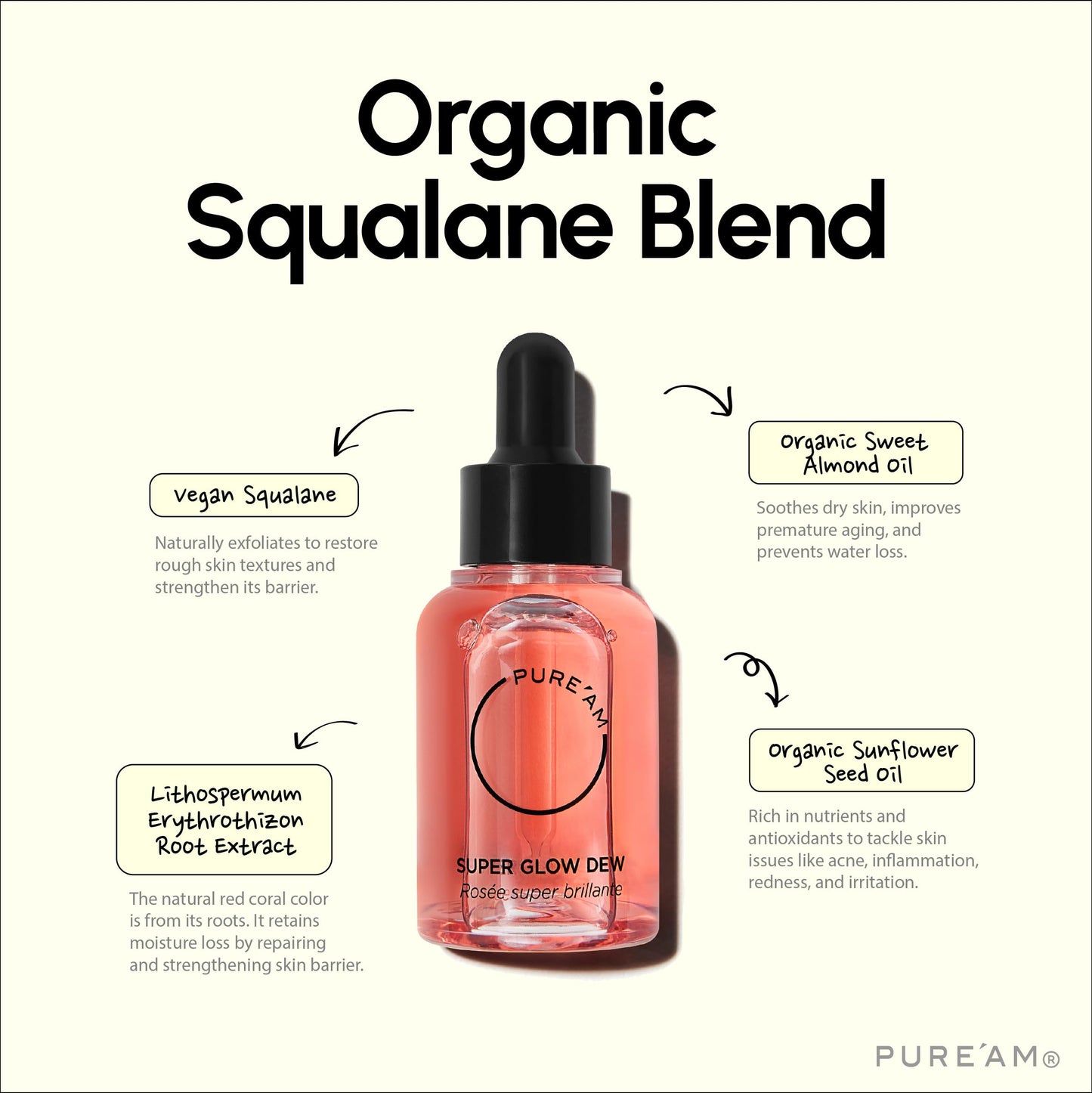 PURE’AM - Moisturizing Squalane Face Oil Serum- Plant Based Face Moisturizer Glowing Oil, Nourishing Facial Oil for Wrinkles & Fine Lines, Renewing Almond Oil for Skin Dullness, 1 fl oz