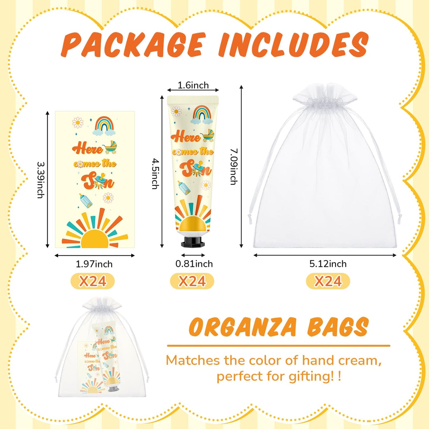 Swiffen 24 Sets Here Comes The Son Baby Shower Hand Cream Bulk Sunshine Baby Shower Favors Hand Cream for Guests Travel Size Lotion with Organza Bags