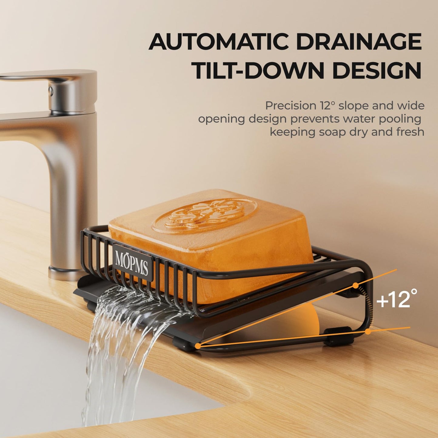 Self Draining Soap Dish, Carbon Steel Bar Soap Holder for Shower, Waterfall Design Soap Saver for Bathroom, Kitchen Sink and Countertop