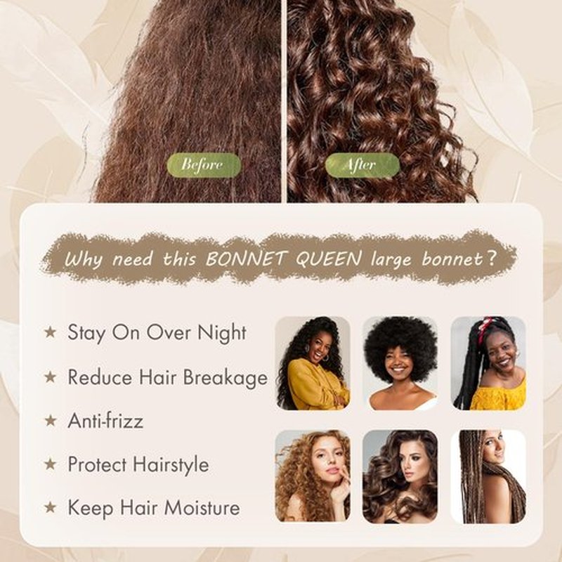 BONNET QUEEN Large Satin Bonnet Silk Bonnet for Sleeping Women Hair Bonnet Big Bonnet Night Sleep Cap Scarf Wrap for Curly Hair with Tie Band Yellow Gold